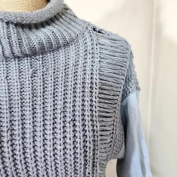 Instinct over Reason Shredded Turtle Neck Denim Sleeves Sweater. Size Medium - Picture 4 of 13